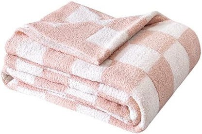 SeaRoomy Fuzzy Checkered Throw Blanket for Couch,Light Pink 51"X63"