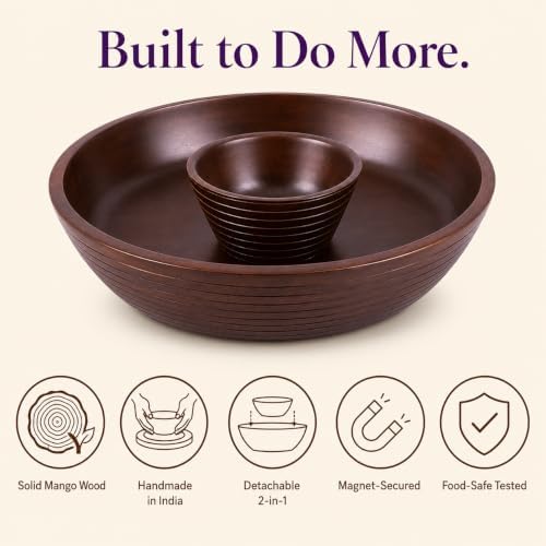 Melvvi Wooden Chip and Dip Bowl, Round Detachable Pedestal, 12" Brown