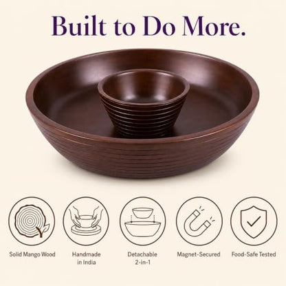 Melvvi Wooden Chip and Dip Bowl, Round Detachable Pedestal, 12" Brown