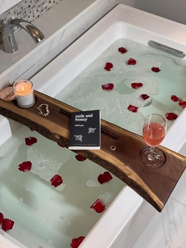 RESINHOMEFURNITURE Acacia Wood Bathtub Tray Caddy with Book & Wine