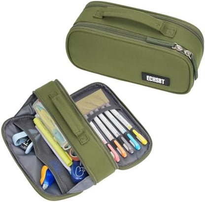 ECHSRT Large Tactical Pencil Case, 3-Compartment Zipper Pouch, Olive