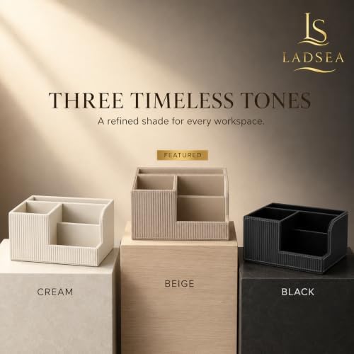 Pen Holder for Desk, 4-Compartment PU Leather Desk Organizer, Beige