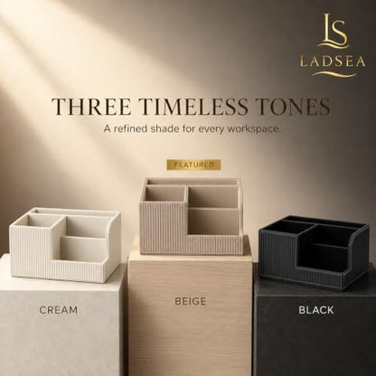 Pen Holder for Desk, 4-Compartment PU Leather Desk Organizer, Beige