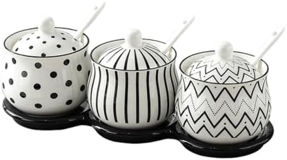 Salt and Sugar Container Set,3 Piece Black Ceramic Spice Canisters for