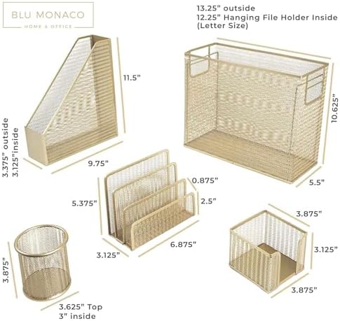 BLU MONACO | Gold Desk File Folder Organizer Set | Desktop Hanging