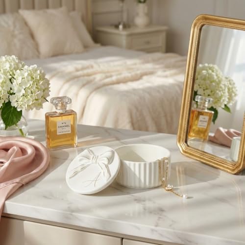 COLLECTIVE HOME Ceramic Jewelry Box with Bow, Nightstand Vanity