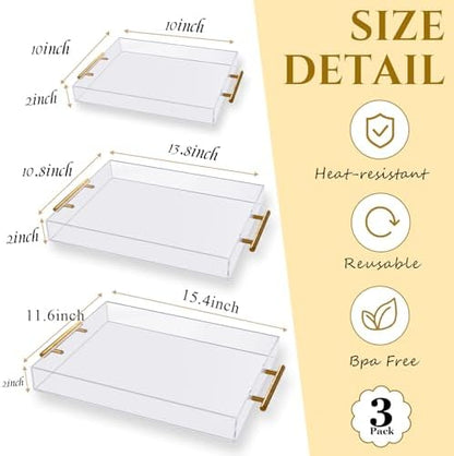 3 Pack Acrylic Serving Tray with Gold Handles, Spill-Proof Acrylic