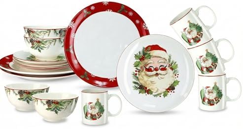 Pickmesh 16 Pcs Santa Christmas Dishes Dinnerware Set for 4 Guest