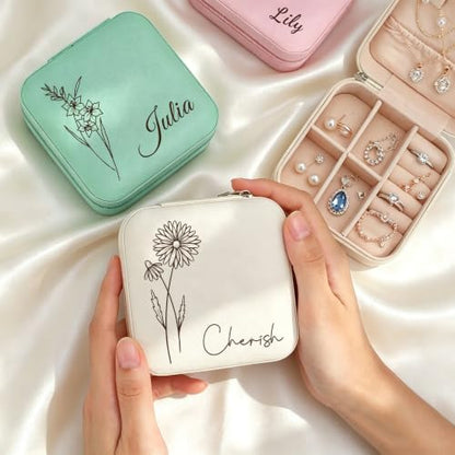 Ships Next Day, Custom Travel Jewelry Box with Name Birth Flower
