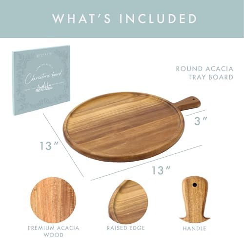 Acacia Wood Charcuterie Board with Handle, Round 16"x13”