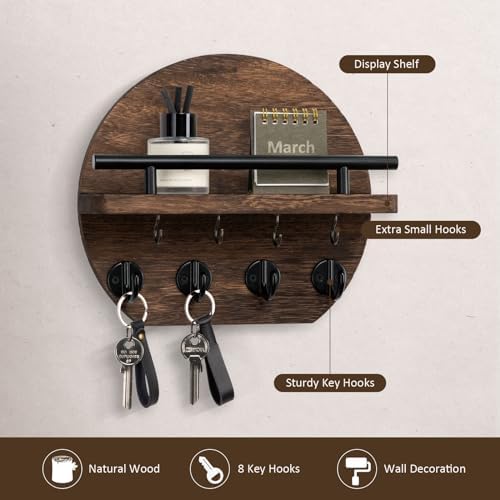 Nekon Key Holder for Wall, 9.8 Inch Round Wall Decor, Brown