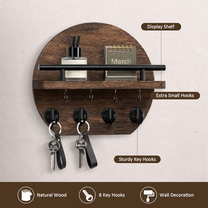 Nekon Key Holder for Wall, 9.8 Inch Round Wall Decor, Brown