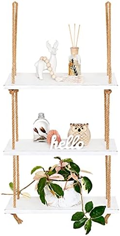 Mkono Hanging Shelves 3 Tier White Wood Wall Mount Floating Shelf with