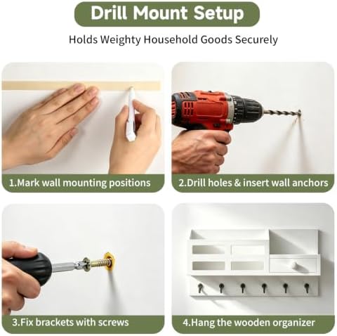 White Key and Mail Holder for Wall with 6 Hooks and Storage Drawer