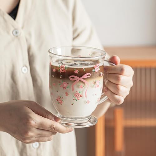 KEMORELA Pink Bow Glass Coffee Mugs Set,Cute Tea Cup with Handle,Gifts