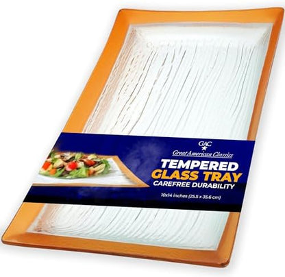 GAC Glass Serving Platter w/Gold Rain Flower Design - Rectangular