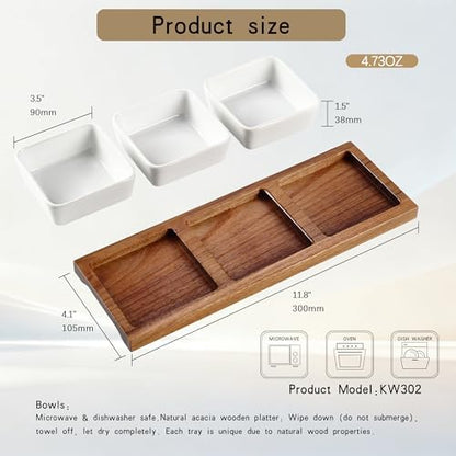 3 Pack Chip & Dip Serving Set with Wooden Tray, Oven Safe Bowls for