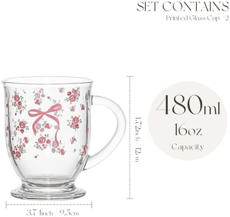 KEMORELA Pink Bow Glass Coffee Mugs Set,Cute Tea Cup with Handle,Gifts
