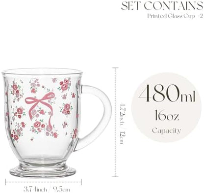 KEMORELA Pink Bow Glass Coffee Mugs Set,Cute Tea Cup with Handle,Gifts