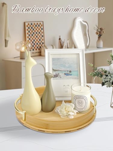 JUPELI 11.8′′ Round Bamboo Serving Tray with Handles – Decorative