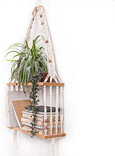 TENEWEE Boho Wall Hanging Shelves Macrame Floating Plant Photos Wood