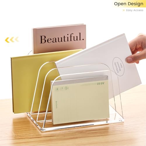 HeZone Desk File Organizer,4-Section Vertical File Folder Holder,Clear