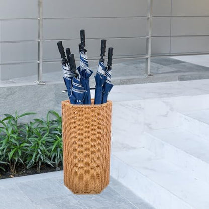Woven Umbrella Stand with Rain Collection Tray, Brown Entryway Storage
