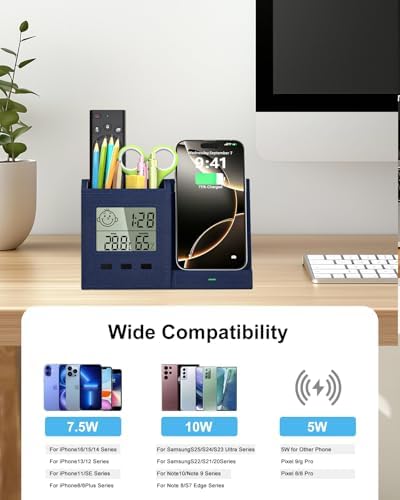 Desk Organizer with Wireless Charger, Digital Clock, Thermometer &