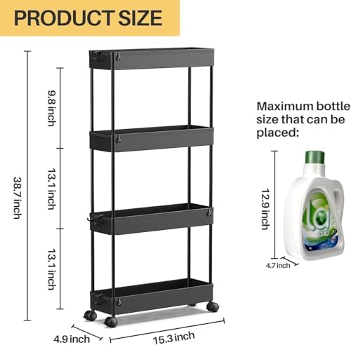 SPACEKEEPER Slim Rolling Storage Cart, 4 Tier Bathroom Cart