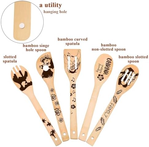 Leo and Stitc Wooden Cooking Spoons Set of 5 Burned Spatula Kitchen