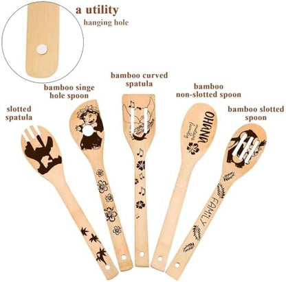 Leo and Stitc Wooden Cooking Spoons Set of 5 Burned Spatula Kitchen
