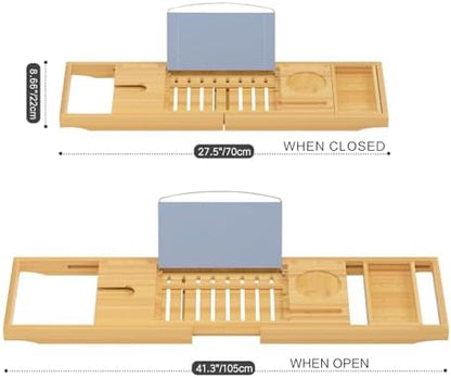 Sen Yi Bao Luxury Bamboo Bathtub Tray - Wooden Expandable Caddy with