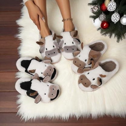 Cute Cartoon Cow Animal Fuzzy Slippers for Women,Warm Plush Winter