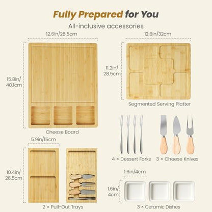 Large Bamboo Charcuterie Board, Double Pull-Out Trays Set, Natural