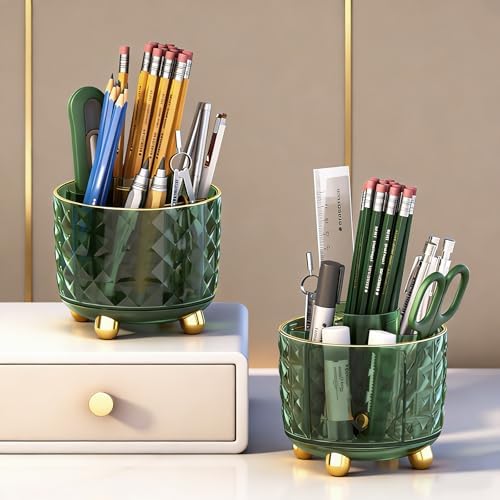 GOTOBA Dark Green Pen Pencil Holder for Desk, 360° Rotating Pen