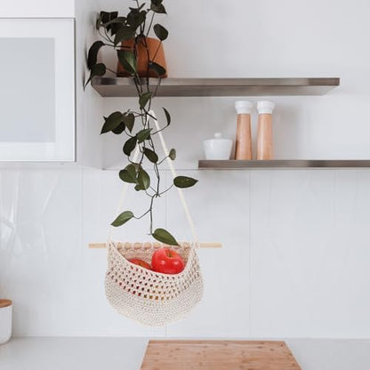 Hanging Fruit Basket Beige for Kitchen, Plant Woven Wall Storage