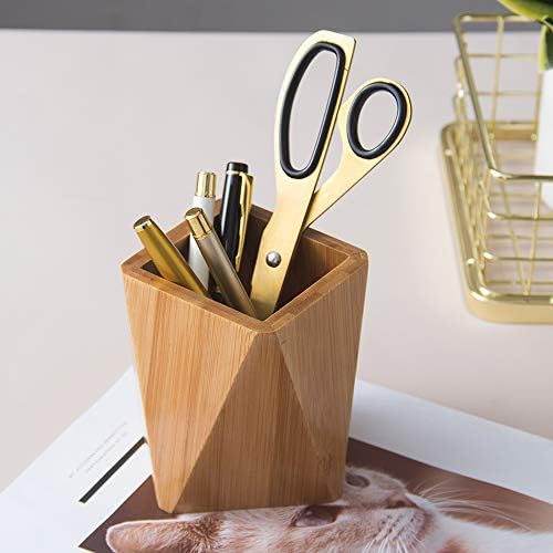 Bamboo Wood Pen Holder Stand for Desk Geometric Pencil Cup Pot Cute