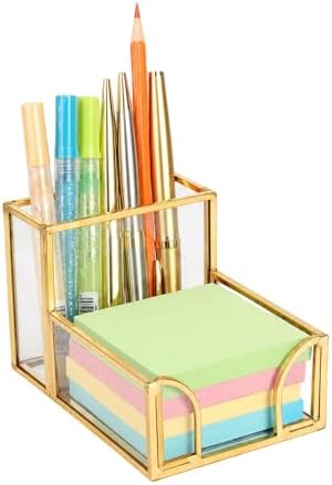 Feyarl Gold Glass Note Holder with Pen Pencil Cup 3x3 Inch Sticky