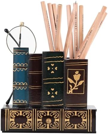 Decorative Pencil and Pen Holder with Storage Drawer, Wooden Desk