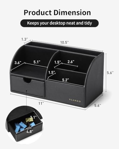 VLANDO Desk Organizer, 6-Compartment Faux Leather Desk Storage with