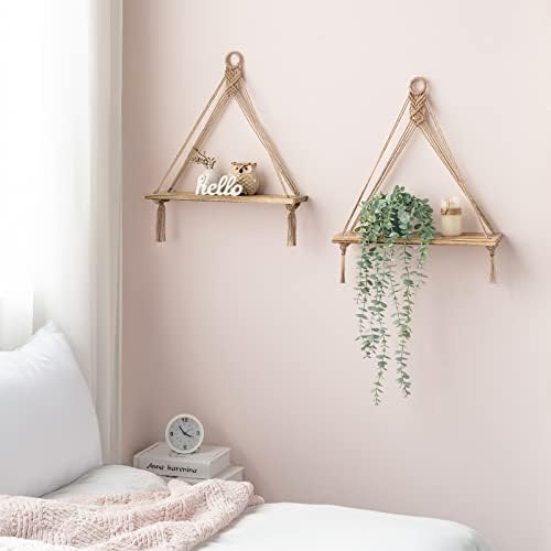 Mkono Macrame Hanging Shelves Boho Wall Decor Set of 2 Floating Wood