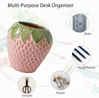 Sixbaole Pink Strawberry Ceramic Pencil Holder for Desk, Cute Office