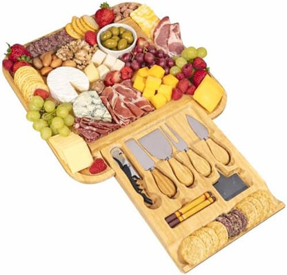 Cheese Board Gift Set with Built-in Storage Drawer, Bamboo Charcuterie