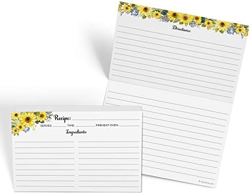 321Done Folding Recipe Cards, 8x6 to 4x6, Set of 50, Sunflowers, White