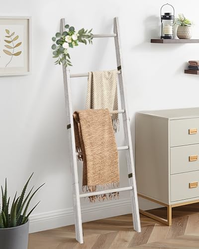XLHOMO 5-Tier Wooden Blanket Ladder, 63" Rustic Leaning Blanket Rack