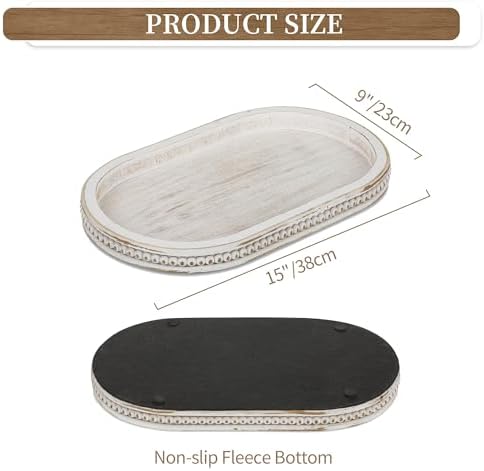 Hanobe 15" White Oval Decorative Trays for Coffee Table Decor, Beaded
