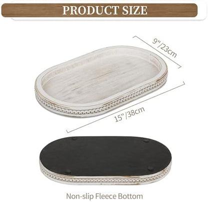 Hanobe 15" White Oval Decorative Trays for Coffee Table Decor, Beaded