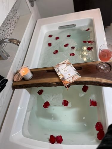 RESINHOMEFURNITURE Acacia Wood Bathtub Tray Caddy with Book & Wine