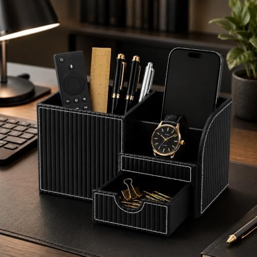 KINGFOM Executive Leather Desk Organizer with Drawer, Modern Black
