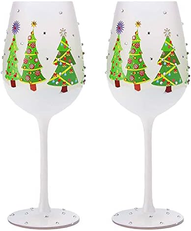Holiday Christmas Tree Stemmed Wine Glasses Set Of 2 17.5Oz Festive